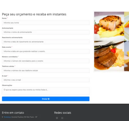 Formulário de pedido de orçamento de evento com fotos de pratos, no site do Buffet Mais