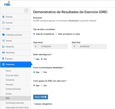 Tela de Demonstrativo de Resultados do Exercício (DRE) no sistema Buffet Mais