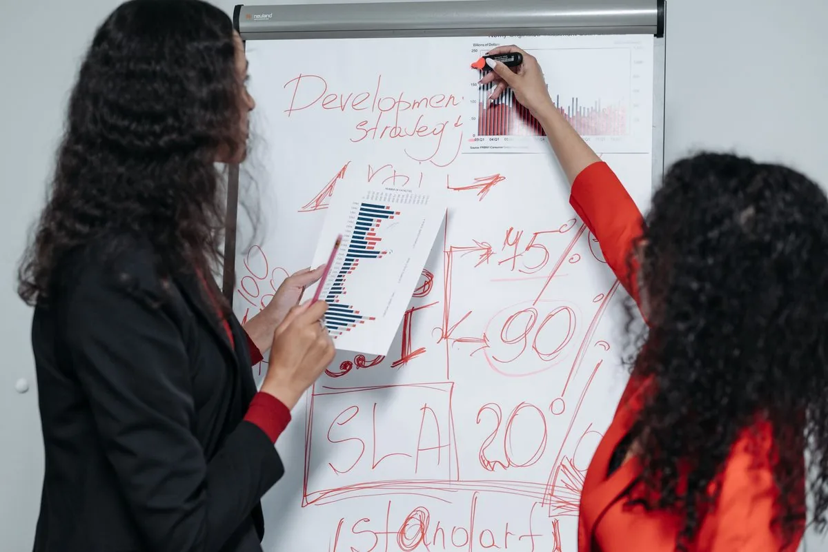 Duas profissionais desenhando estratégia de desenvolvimento em um flip chart com gráficos